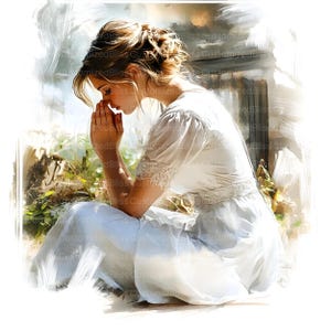 May include: A woman in a white dress sits with her head bowed in prayer. The image is painted in a watercolor style with a soft, dreamy feel.