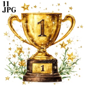 11 Gold Trophy Clipart, Champion Trophy, JPGs de alta qualidade, clipart de aquarela, diário de lixo, download digital, artesanato em papel, uso comercial