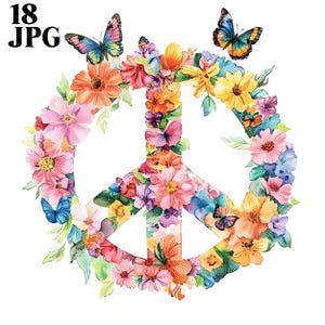 18 Clipart floral signe de paix, signe de paix rétro, des cliparts groovy, JPG de qualité, des cliparts aquarelle, Junk Journal, téléchargement numérique, créations en papier