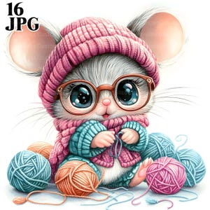 16 Lustige Maus Clipart, Stricken Clipart, Häkeln Clipart, Garn Clipart, Aquarell Stricken, hochwertige JPGs, Digital Download, Basteln