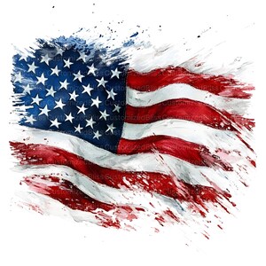 Op de afbeelding: Een aquarel van een Amerikaanse vlag met een verweerd penseelstreek-effect. De vlag is rood, wit en blauw op een witte achtergrond.