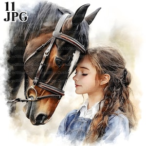 11 Girl & Horse Clipart, Pony Clipart, Equestrian Clipart, High Quality JPG, Watercolor Clipart, Junk Journal, Digital Download, Paper Craft