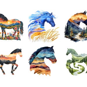 Puede incluir: Seis ilustraciones de acuarela de caballos con paisajes dentro de sus siluetas. Los caballos est&aacute;n en varias poses, incluyendo de pie, corriendo y mirando hacia un lado. Los paisajes son coloridos y detallados, con monta&ntilde;as, r&iacute;os y bosques.