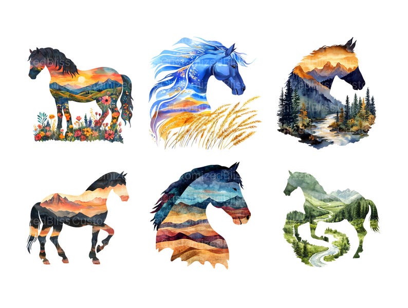 Puede incluir: Seis ilustraciones de acuarela de caballos con paisajes dentro de sus siluetas. Los caballos est&aacute;n en varias poses, incluyendo de pie, corriendo y mirando hacia un lado. Los paisajes son coloridos y detallados, con monta&ntilde;as, r&iacute;os y bosques.