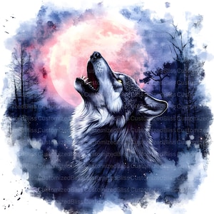 May include: A gray wolf howls at a large, pink moon in a watercolor painting. The wolf is surrounded by a dark blue forest with white stars.