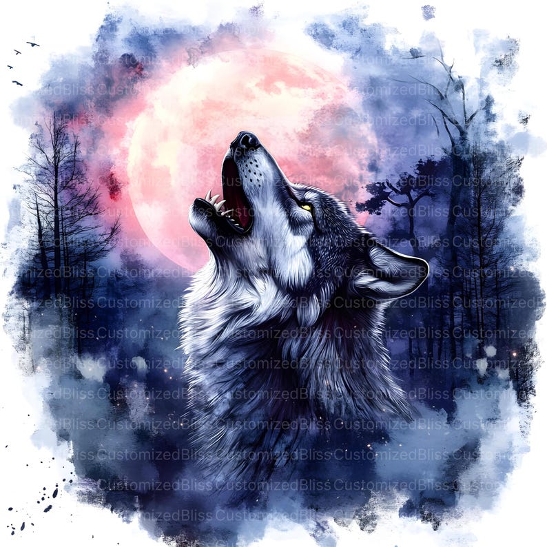 May include: A gray wolf howls at a large, pink moon in a watercolor painting. The wolf is surrounded by a dark blue forest with white stars.