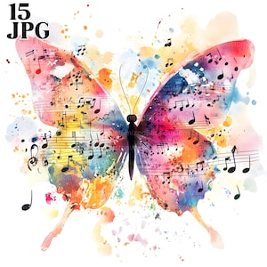 15 Motyl Nuty Muzyczne Clipart, Muzyczny Motyl, Motyl Clipart, Muzyczny Clipart, Akwarela Clipart, Wysokiej Jakości JPG, Junk Journal