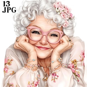 Clipart original jeune fille pour toujours, aquarelle vieille dame, éphémères, éléments fantaisistes, fichiers JPG de haute qualité, créations en papier, usage commercial