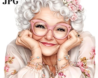 Quirky Forever Young Girl Clipart, Watercolor Old Lady Clipart, Ephemera, Whimsical Elements, High Quality JPGs, Paper Craft, Commercial Use