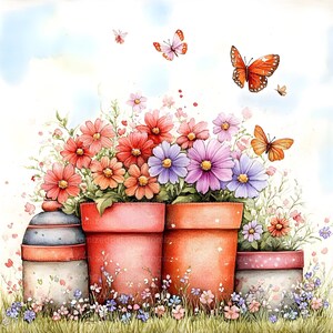 Puede incluir: Ilustraci&oacute;n en acuarela de macetas con flores rojas, naranjas y moradas, con mariposas. Las macetas de terracota est&aacute;n en la hierba, bajo un cielo azul claro. La imagen evoca la primavera y la naturaleza, con elementos florales.