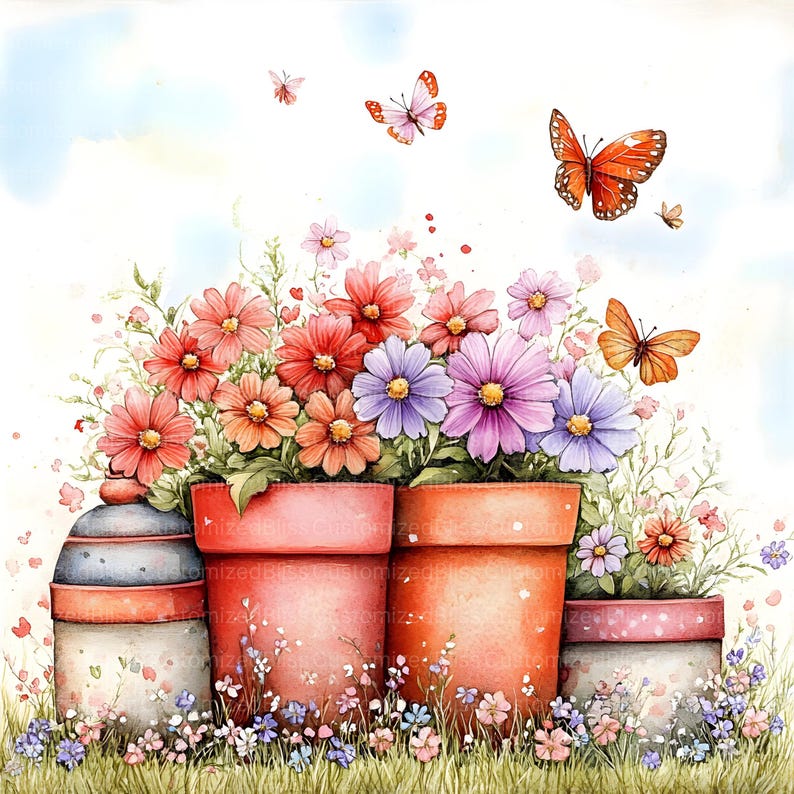 Puede incluir: Ilustraci&oacute;n en acuarela de macetas con flores rojas, naranjas y moradas, con mariposas. Las macetas de terracota est&aacute;n en la hierba, bajo un cielo azul claro. La imagen evoca la primavera y la naturaleza, con elementos florales.