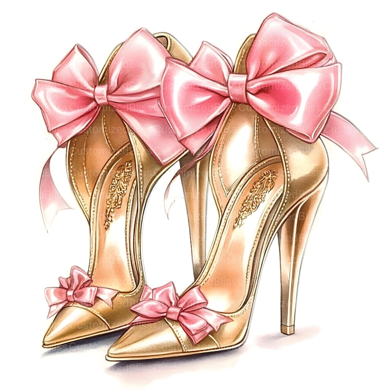 Pu&ograve; includere: Illustrazione di scarpe con tacco alto dorate con punta. Ogni scarpa presenta un grande fiocco rosa sul tallone e un fiocco pi&ugrave; piccolo sulla punta. Le scarpe hanno un design decorativo sulla soletta.