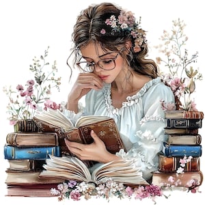 May include: Illustration of a person wearing glasses reading a book, surrounded by stacks of books and flowers. The person is wearing a light blue blouse and has flowers in their hair. The books are in various colors, including blue, brown, and gold.