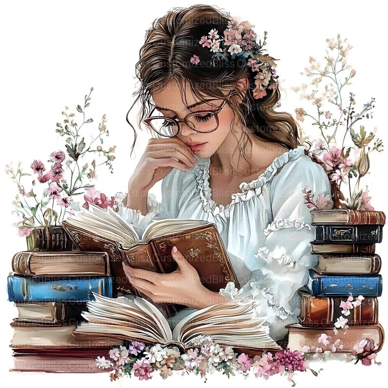 May include: Illustration of a person wearing glasses reading a book, surrounded by stacks of books and flowers. The person is wearing a light blue blouse and has flowers in their hair. The books are in various colors, including blue, brown, and gold.