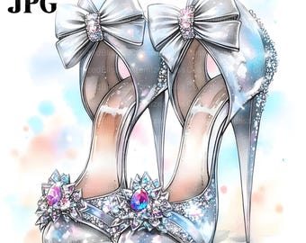 20 imágenes prediseñadas de tacones altos de plata y cristal, imágenes prediseñadas de zapatos de mujer, archivos JPG de alta calidad, imágenes prediseñadas de acuarela, diario basura, descarga digital, manualidades