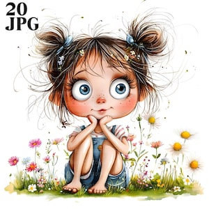 20 Funny Girls Clipart, Quirky Girl, Cartoon Girl, Floral, High Quality JPG, Watercolor Clipart, Junk Journal, Digital Download, Paper Craft