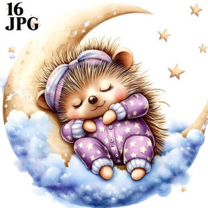 16 Clipart hérisson endormi sur la lune, pyjama, étoiles, coussin, JPG de haute qualité, clipart aquarelle, journal indésirable, créations en papier téléchargement numérique