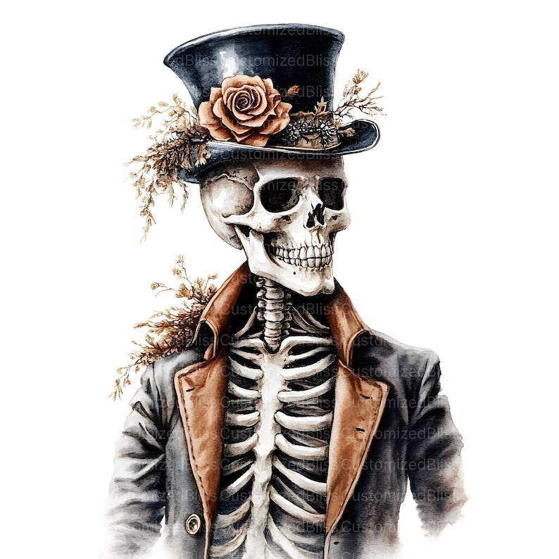 May include: A watercolour illustration of a skeleton figure wearing a top hat decorated with a rose and foliage. The skeleton is dressed in a grey coat with a brown collar, creating a unique and artistic depiction of a spooky character.