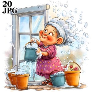 20 divertenti clipart di vecchie signore, grafica di nonna, vecchietta che lava le finestre, JPG di alta qualità, diario di spazzatura, download digitale, lavoretti di carta
