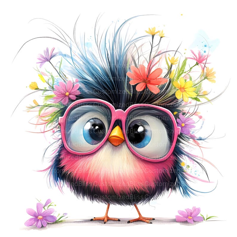 Op de afbeelding: Een cartoonvogel met roze veren en zwarte vleugels die een roze bril draagt met een kroon van kleurrijke bloemen op zijn kop.