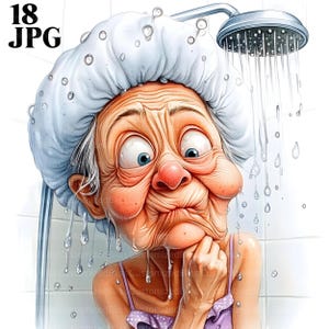 18 Oma in der Dusche Clipart, lustige alte Damen Clipart, hochwertige JPGs, Aquarell Clipart, Junk Journal, digitaler Download, Papiermodelle