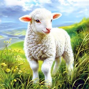 May include: A white lamb with fluffy fur stands in a field of green grass and yellow flowers. The lamb is looking to the right of the image.