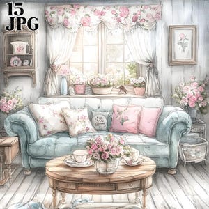 Paquete de imágenes prediseñadas de sala de estar Shabby Chic, 15 archivos JPG de alta calidad, época victoriana, digital victoriano, diario basura, álbum de recortes, descarga digital