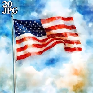 20 American Flag Clipart, Patriotic USA Flag, 4th of July, High Quality JPG, Watercolor Clipart, Junk Journal, Digital Download, Paper Craft