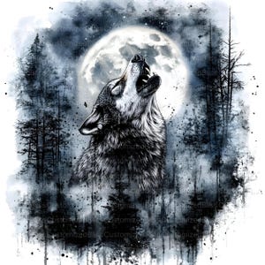 May include: A black and white watercolor painting of a wolf howling at the moon. The wolf is in the foreground and the moon is in the background. The painting is set against a backdrop of a dark forest.