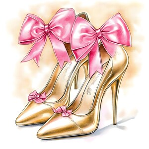Pu&ograve; includere: Illustrazione di un paio di scarpe con tacco dorate con punta. Ogni scarpa &egrave; adornata con un grande fiocco rosa sul tallone e un fiocco pi&ugrave; piccolo sulla punta. Le scarpe hanno tacchi sottili e una finitura lucida.