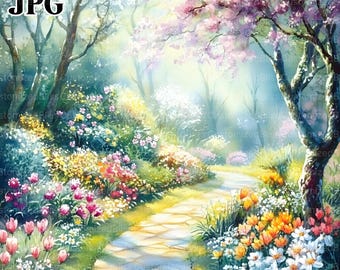 水彩画風春の庭園クリップアート、花のJPG画像（デジタルダウンロード