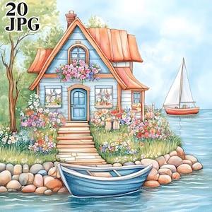 20 grillige eilandcottage illustraties, kleurrijke cottage, strandhuis, boot clipart, Cottagecore, Junk Journal, digitale download, JPG