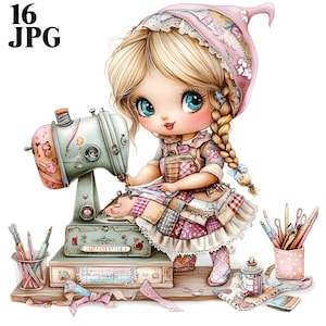 16 Sewing Clipart, Gnome Clipart, Sew Clipart, Seamstress Clipart, Quilt Clipart, Sewing Machine, Junk Journal, Digital Download, JPG
