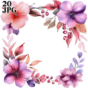 20 kwiatów ramka clipart, różowe i fioletowe kwiaty clipart, wysokiej jakości JPG, akwarela clipart, dziennik śmieci, pobieranie cyfrowe, rzemiosło papierowe