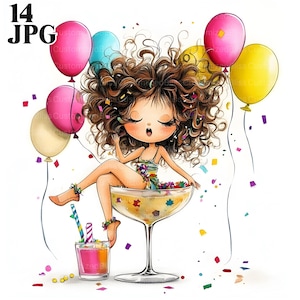 14 Clipart di ragazze eccentriche, Clipart di cocktail per donne, JPG di alta qualità, Clipart di acquerelli, Diario di spazzatura, Download digitale, Lavoretti di carta