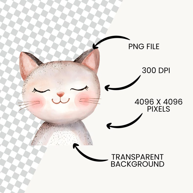 May include: A watercolor illustration of a cute, gray cat with closed eyes and a sweet smile. The cat has pink cheeks and a light gray nose. The illustration is on a transparent background.