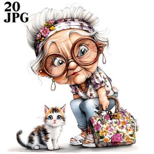 20 Funny Grandma Clipart, Crazy Old Lady Clipart, High Quality JPG, Watercolor Clipart, Junk Journal, Digital Download, Paper Craft Clip Art