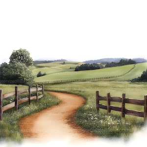 May include: A winding dirt path leads through a green grassy field with rolling hills in the background.  The path is bordered by wooden fences.