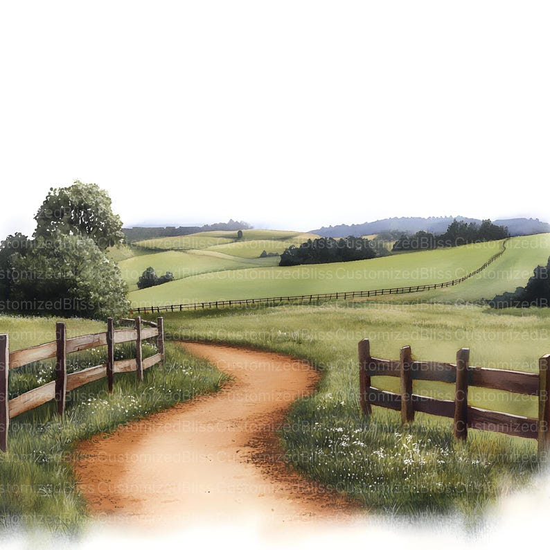 May include: A winding dirt path leads through a green grassy field with rolling hills in the background.  The path is bordered by wooden fences.