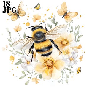 18 Floral Honey Bees, Honey Bee Clipart, Watercolor Bees, High Quality JPGs, Watercolor Clipart, Junk Journal, Digital Download, Paper Craft