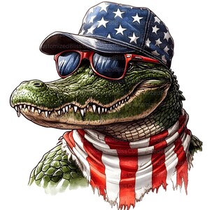 May include: A green alligator wearing red, white, and blue sunglasses and a bandana. The bandana has a red, white, and blue striped pattern. The alligator is wearing a blue baseball cap with white stars and red stripes.