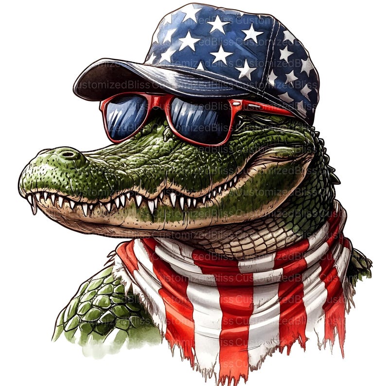 May include: A green alligator wearing red, white, and blue sunglasses and a bandana. The bandana has a red, white, and blue striped pattern. The alligator is wearing a blue baseball cap with white stars and red stripes.