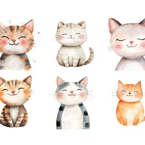 May include: Six watercolor illustrations of cute cats with different colored fur and expressions. The cats are all smiling and have closed eyes.