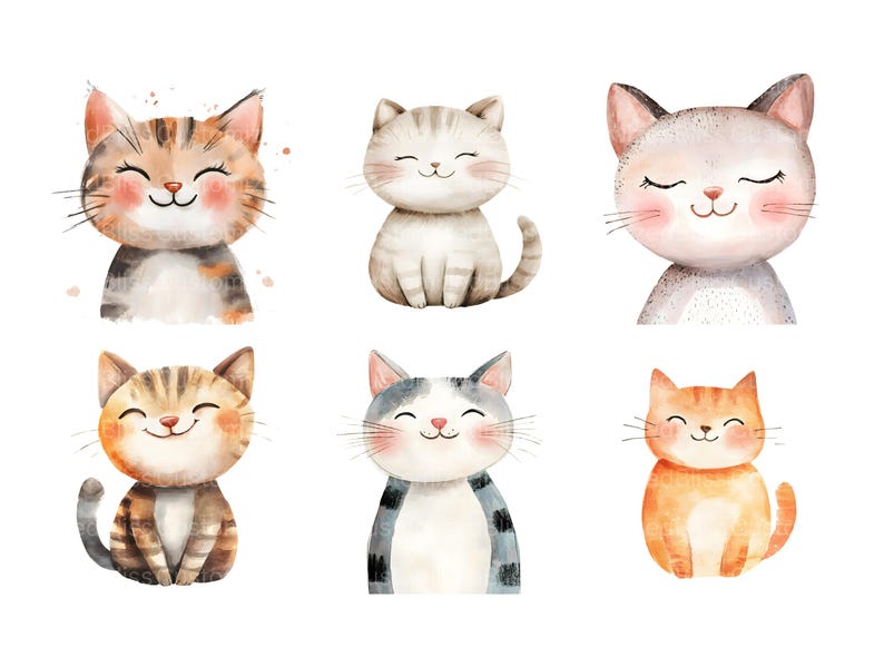 May include: Six watercolor illustrations of cute cats with different colored fur and expressions. The cats are all smiling and have closed eyes.
