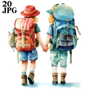20 Kids Travellers Clipart, Kids Hiking Camping Clipart, High Quality JPGs, Watercolor Clipart, Junk Journal, Digital Download, Paper Craft