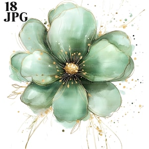 18 Abstract Green Flower Clipart, Floral Clipart, Green & Gold Flowers, Watercolor Clipart, Junk Journal, Digital Download, Paper Craft, JPG