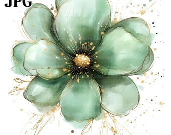 18 Abstract Green Flower Clipart, Floral Clipart, Green & Gold Flowers, Watercolor Clipart, Junk Journal, Digital Download, Paper Craft, JPG