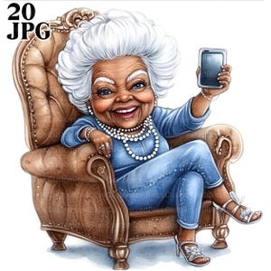 20 Funny Black Old Ladies Clipart, Black Grandma Selfie, High Quality JPGs, Watercolor Clipart, Junk Journal, Digital Download, Paper Craft