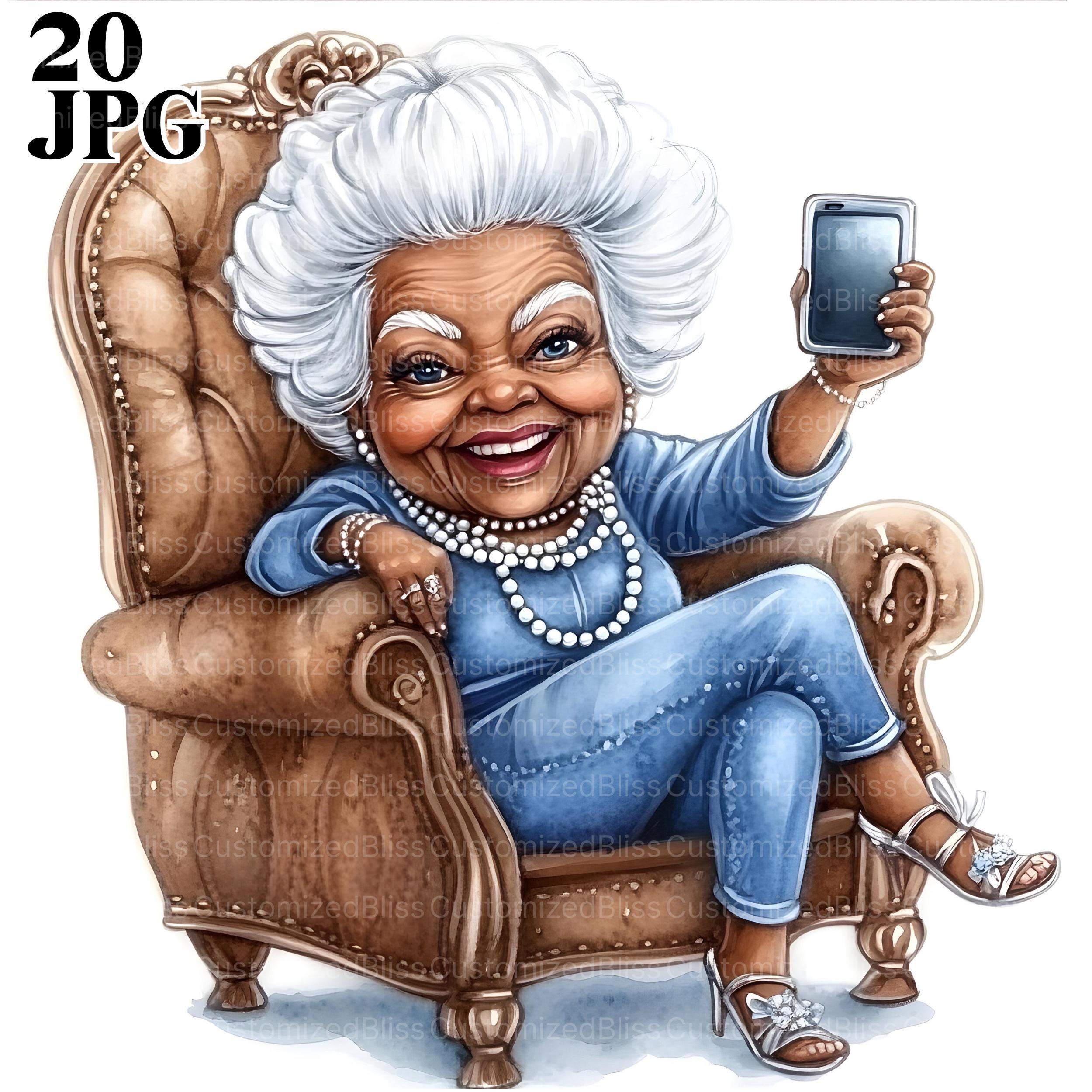 20 Funny Black Old Ladies Clipart, Black Grandma Selfie, High Quality JPGs, Watercolor Clipart, Junk Journal, Digital Download, Paper Craft