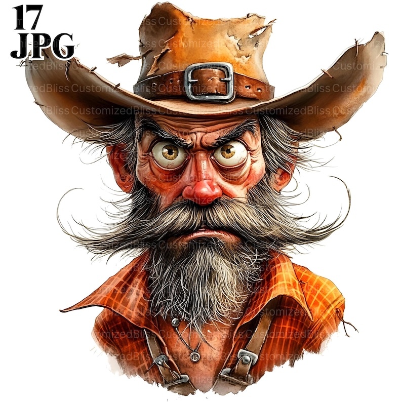 May include: A cartoon illustration of a man with a long, gray beard and mustache wearing a brown cowboy hat with a leather band. He has a serious expression on his face and is wearing a red and black plaid shirt.